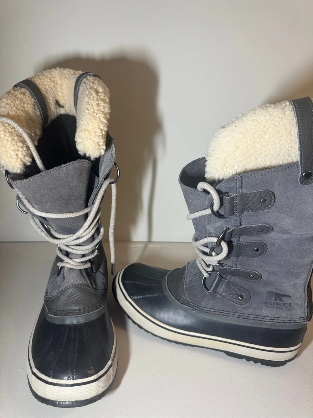 Sorel Gray and Cream Insulated Lace-Up Winter Boots